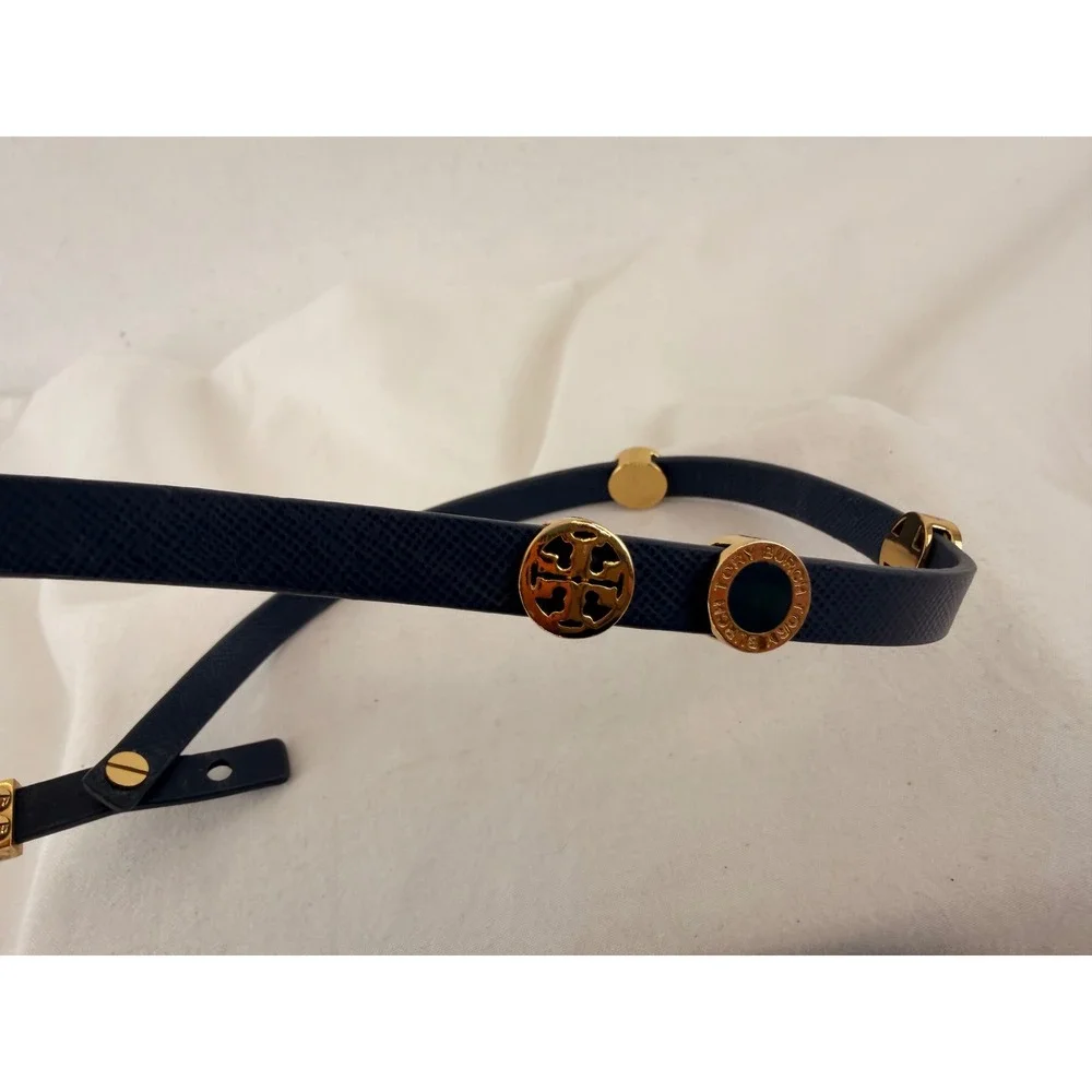 Tory Burch Reva Navy Saffiano Leather‎ Gold Logo Double Wrap Bracelet